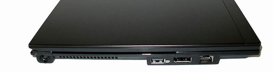 lewy bok: gniazdo zasilania, wylot wentylacji, USB, DisplayPort, LAN