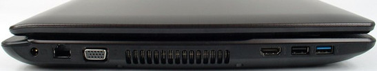 lewy bok: gniazdo zasilania, LAN, VGA, szczeliny wentylacyjne, HDMI, USB 2.0, USB 3.0