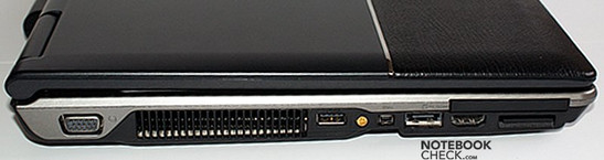 lewy bok: VGA, wylot wentylatora, USB, gniazdo antenowe, FireWire, e-SATA, ExpressCard, HDMI, czytnik kart