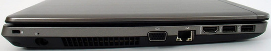 lewy bok: blokada Kensingtona, gniazdo zasilania, szczeliny wentylacyjne, VGA, LAN, HDMI, 2x USB 3.0