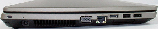 lewy bok: blokada Kensingtona, gniazdo zasilania, szczeliny wentylacyjne, VGA, LAN, HDMI, ExpressCard/34, USB 3.0, USB 2.0