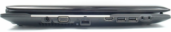 lewy bok: szczeliny układu chłodzenia, gniazdo zasilania, VGA, LAN, HDMI, 2x USB 2.0, dwa gniazda audio