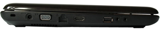 lewy bok: blokada Kensingtona, gniazdo zasilania, VGA, LAN, HDMI, USB, wejście i wyjście audio