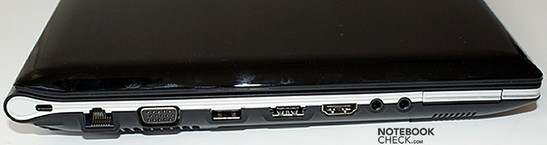 lewy bok: blokada Kensingtona, LAN, VGA, USB, USB/eSATA, HDMI, gniazda audio, ExpressCard/34
