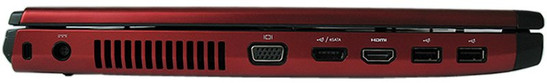 lewy bok: gniazdo blokady Kensingtona, gniazdo zasilania, szczeliny wentylacyjne, VGA, eSATA/USB, HDMI, 2x USB