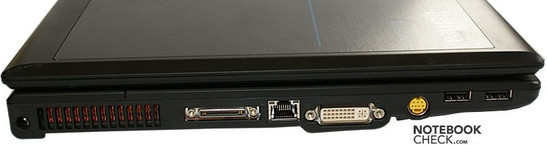 lewy bok: gniezdo zasilania, wylot wentylatora, złącze stacji dokującej, LAN, DVI, S-Video, 2x USB