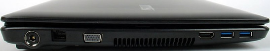 lewy bok: gniazdo zasilania, LAN, VGA, szczeliny wentylacyjne, HDMI, 2x USB 3.0