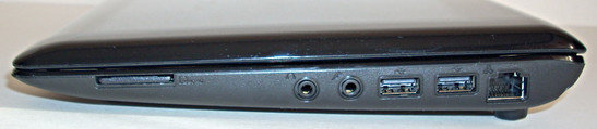 prawy bok: czytnik kart, złącze mikrofonu, złącze słuchawkowe, 2x USB, RJ45