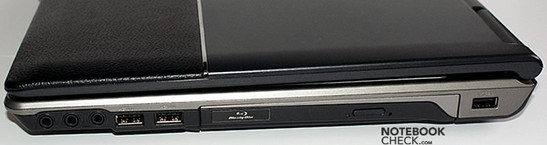 prawy bok: gniazda audio, 2x USB, napęd optyczny, USB