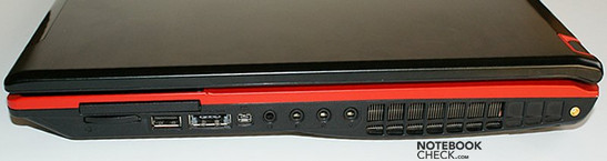prawy bok: ExpressCard, czytnik kart, USB, USB. eSATA, FireWire, gniazda audio, wylot wentylatora, wejście antenowe