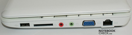 prawy bok: USB, czytnik kart, wejście mikrofonowe, wyjście słuchawkowe, VGA, LAN