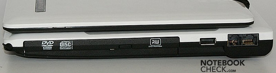 prawy bok: napęd optyczny, USB, modem, LAN