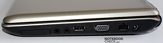 prawy bok: ExpressCard34, wyjście słuchawkowe/SPDIF, wejście mikrofonowe, USB, VGA, LAN, gniazdo zasilania