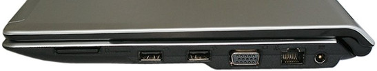 prawy bok: czytnik kart, 2x USB 2.0, VGA, LAN, gniazdo zasilania
