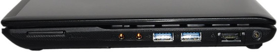 prawy bok: czytnik kart, złącza audio, 2x USB 3.0, LAN, gniazdo zasilania