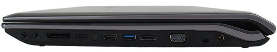 prawy bok : 2x audio, czytnik kart, przełącznik WiFi, zaślepka brakującego gniazda antenowego, HDMI, USB 3.0, eSATA/USB 2.0, VGA, blokada Kensingtona, gniazdo zasilania
