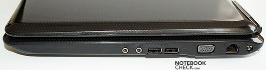prawy bok: wyjście słuchawkowe, wejście mikrofonowe, 2x USB, VGA, LAN, gniazdo zasilania