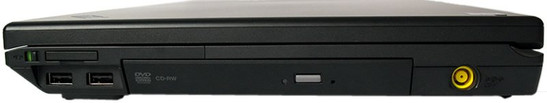 prawy bok: czytnik kart, 2x USB, napęd optyczny, gniazdo zasilania