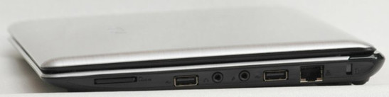 prawy bok: czytnik kart, USB, wejście mikrofonowe, wyjście słuchawkowe, USB, RJ-45