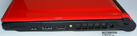 prawy bok: ExpressCard, czytnik kart, USB, USB/eSATA, HDMI, gniazdo antenowe, wylot wentylatora, gniazdo zasilania