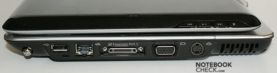 prawy bok: magazynek na piórko, USB, LAN, port rozszerzeń, VGA, S-Video, wylot wentylatora
