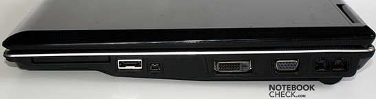 prawy bok: ExpressCard, e-SATA, FireWire, DVI, VGA, modem, LAN