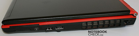 prawy bok: ExpressCard, czytnik kart, FireWire, USB, eSATA, wylot wentylatora, LAN