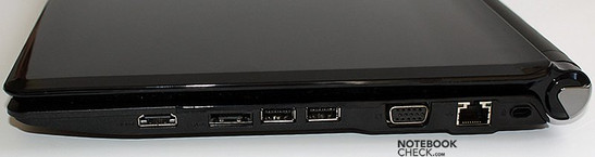 prawy bok: HDMI, eSATA, 2x USB, VGA, LAN, blokada Kensingtona