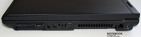 prawy bok: czytnik kart, e-SATA, ExpressCard, wyjście słuchawkowe (z SPDIF), wejście mikrofonowe, USB, FireWire, wylot wentylatora, modem, gniazdo zasilania
