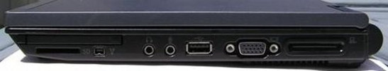 Prawy bok. Slot PC Card i Seciurity Digital (SD), IEEE 1394, wyjście słuchawkowe i mikrofonowe, port USB, VGA, złącze stacji dokującej