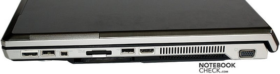 prawy bok: e-SATA, USB, FireWire, czytnik kart, USB, HDMI, wylot wentylatora, VGA