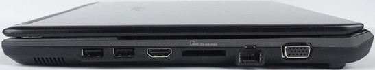 prawy bok: 2x USB 2.0, HDMI, czytnik kart, LAN, VGA