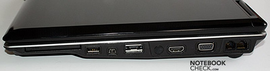 prawy bok: ExpressCard, USB, FireWire, e-SATA, zaślepka gniazda antenowego, HDMI, VGA, modem, LAN