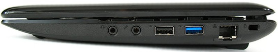 prawy bok: gniazda audio, USB 2.0, USB 3.0, LAN, blokada Kensingtona