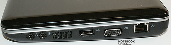 prawy bok: wyjście słuchawkowe, wejście mikrofonowe, szczeliny wentylacyjne, USB, VGA, LAN