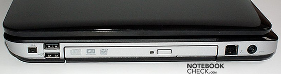 prawy bok: FireWire, 2x USB, napęd optyczny, modem, gniazdo zasilania