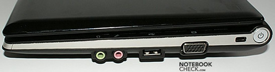 prawy bok: wyjście słuchawkowe, wejście mikrofonowe, USB, VGA, blokada Kensingtona, wyłącznik