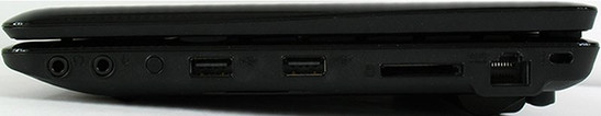 prawy bok: wyjście słuchawkowe, wejście mikrofonu, 2x USB 2.0, czytnik kart, LAN, blokada Kensingtona
