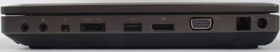 prawy bok: gniazda audio, FireWire, eSATA/USB 2.0, USB 2.0, DisplayPort, VGA, modem, gniazdo zasilania