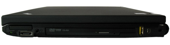 prawy bok: ExpressCard/34, przełącznik połączeń bezprzewodowych, eSATA, gniazdo audio, napęd optyczny, USB, FireWire, blokada Kensingtona