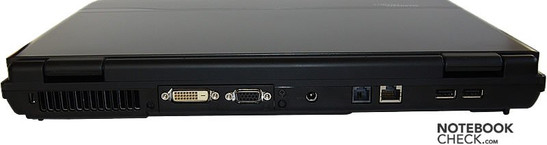 tył: blokada Kensingtona, wylot wentylatora, DVI-D, VGA, gniazdo zasilania, modem, LAN, 2x USB