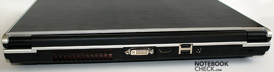 tył: wylot wentylatora, DVI, HDMI, USB/eSTA, USB, gniazdo zasilania, blokada Kensingtona