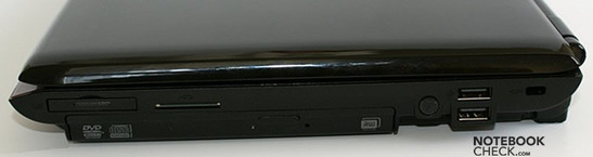 prawy bok: ExpressCard34, czytnik kart, napęd optyczny, 2x USB, blokada Kensingtona