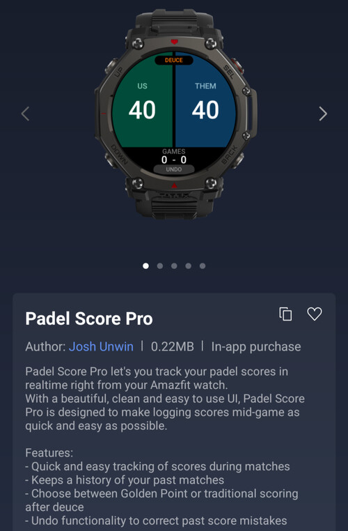 Aplikacja Padel Score Pro Mini dla smartwatchów Amazfit
