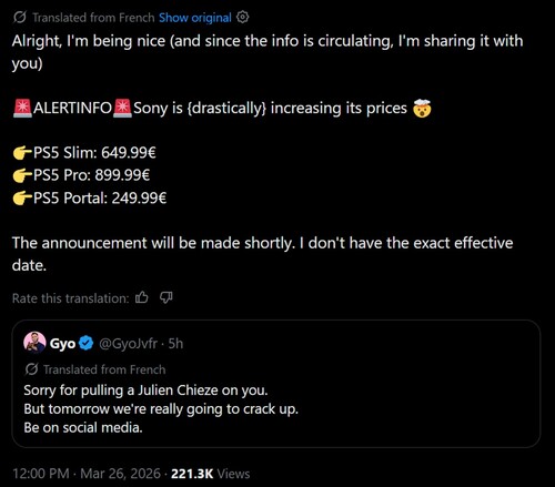 Przetłumaczone maszynowo plotki o podwyżce ceny PS5 na X