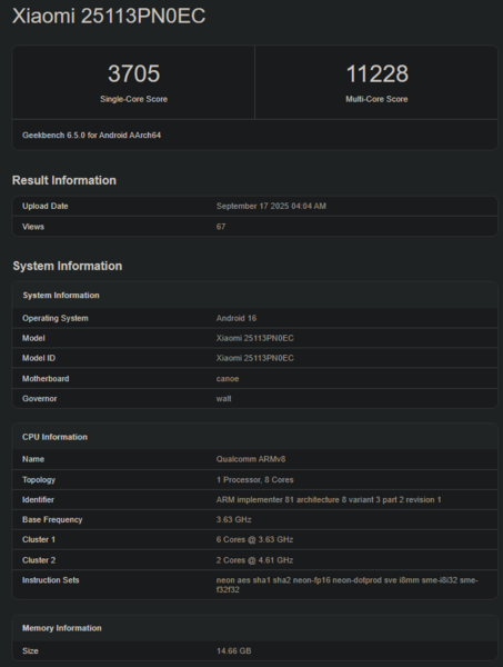 Wynik Geekbench nowego Snapdragona 8 Elite Gen 5 (źródło obrazu: Geekbench)