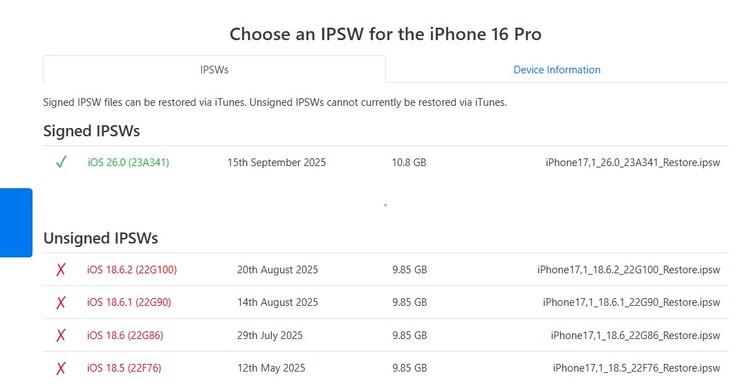 Od 23 września iOS 26.0 jest jedyną podpisaną wersją iOS dostępną dla iPhone'a z serii 16 i innych urządzeń z iOS 26. (Źródło obrazu: IPSW)