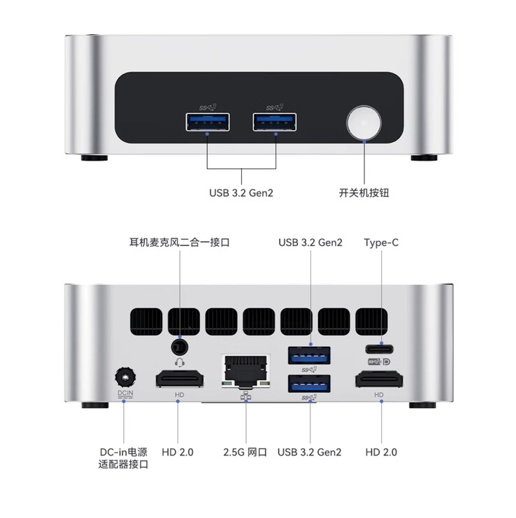 Mini komputer Peladn WO5 posiada bogaty zestaw portów, w tym port Ethernet 2,5G.