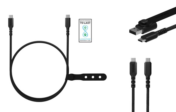 Kable Fairphone USB-C są oplecione i dostarczane z adapterem USB-A. (Źródło zdjęcia: Fairphone)