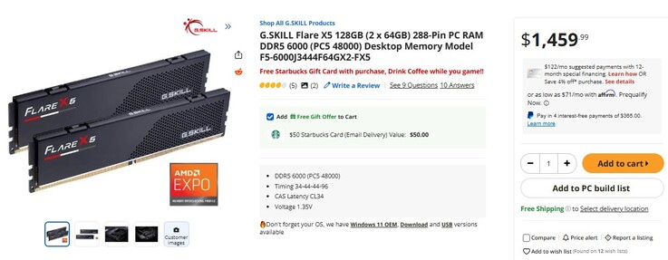 Zestawienie pamięci RAM G.Skill Flare DDR5. (Źródło obrazu: Newegg) 